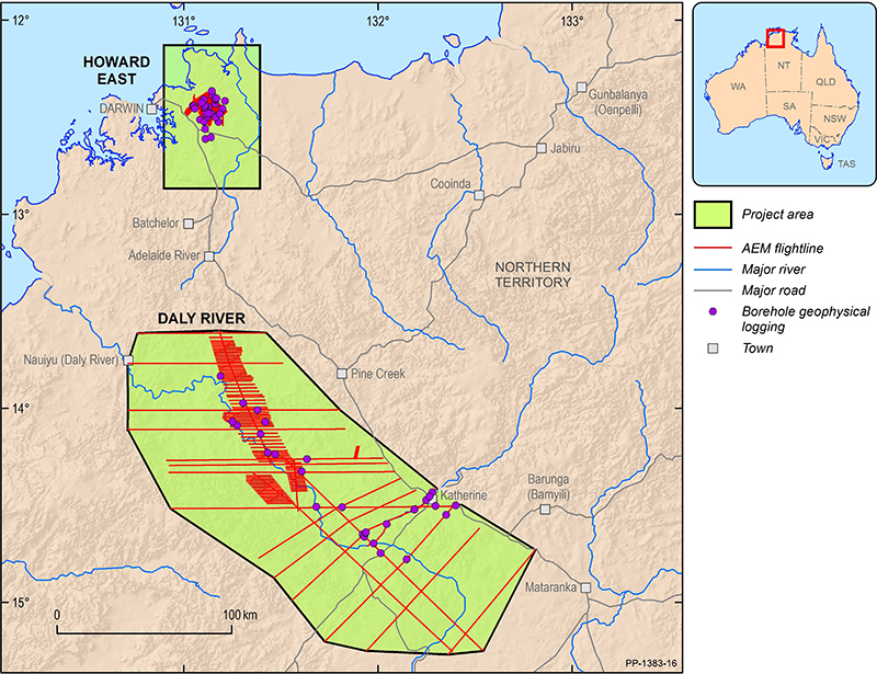 Map of the Northern Stuart Corridor Project areas showing airborne geophysical (electromagnetic and magentic) survey lines and location of borehole geophysics.