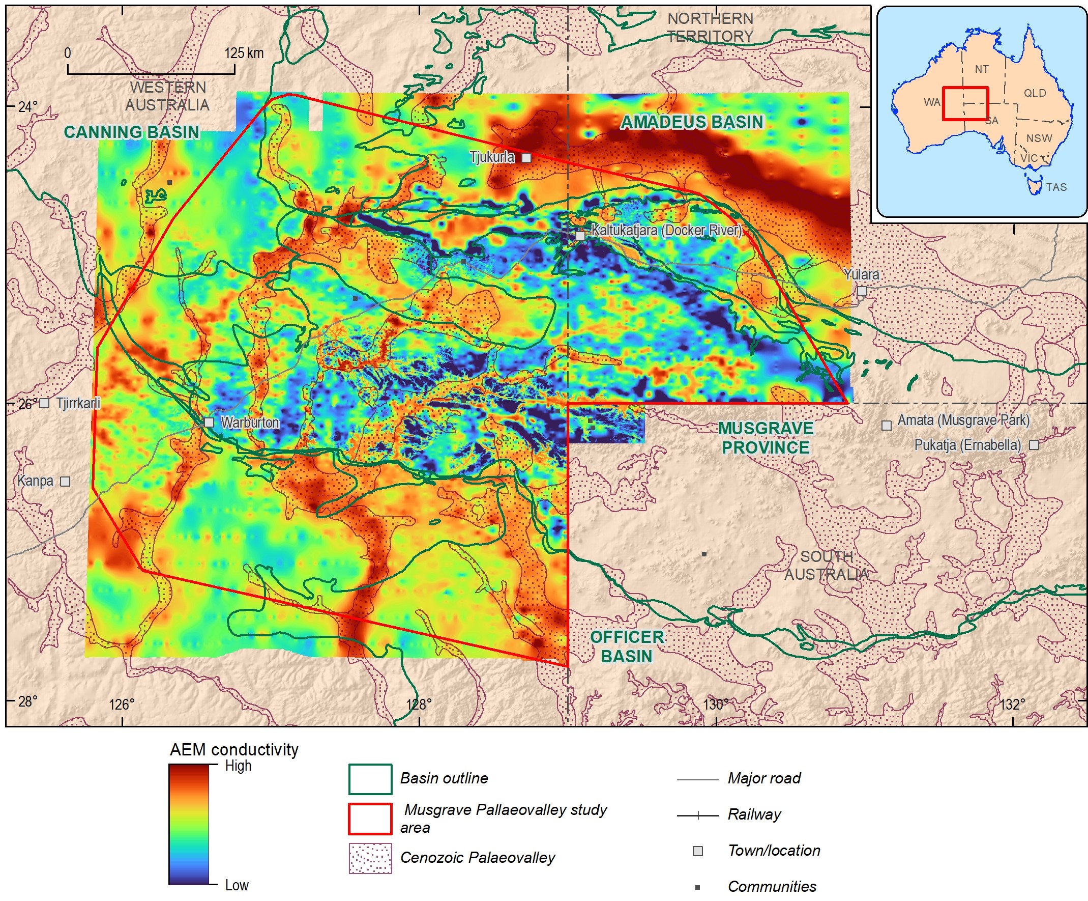 Map showing Musgrave Palaeovalley study area and existing publically available airborne electromagnetic (AEM) data 