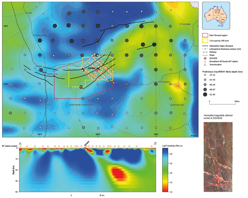 Regional faults, AusLAMP electrical conductivity, AusARRAY crustal and lithospheric thickness, and the location of the new East Tennant mineral exploration fairway. Infill geophysical data coverage is also shown. The lower panel shows a section through a 3D conductivity model derived from AusLAMP and infill magnetotelluric data. Note the region of higher electrical conductivity extending from the deep crust to the near surface