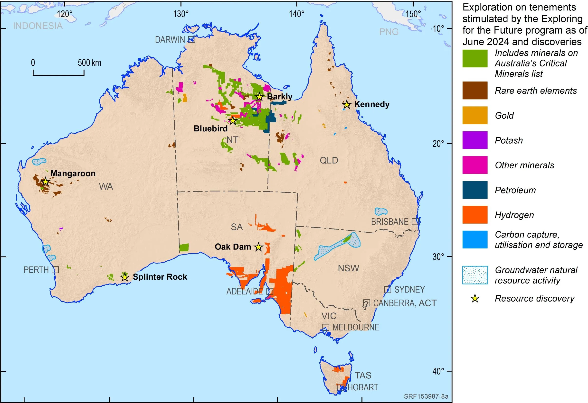 A map showing, by commodity, where investments have occurred stimulated by the Exploring for the Future program precompetitive information since 2017 (current as of June 2024) 