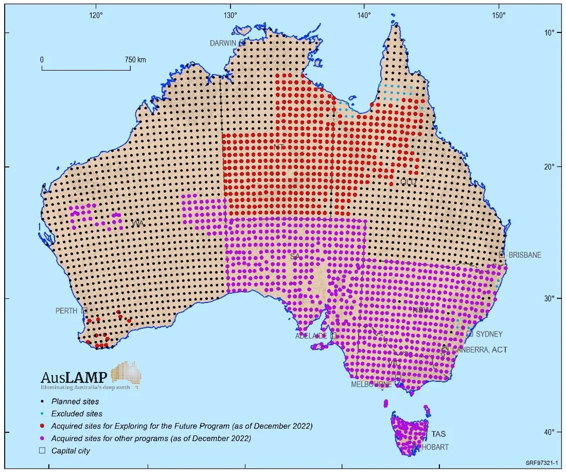 A current map showing the locations of the magnetotelluric stations across Australia