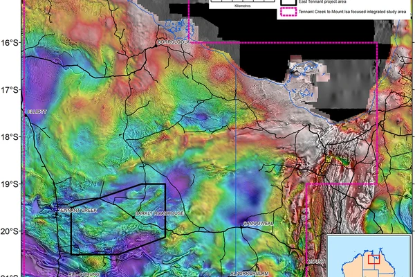Location of the East Tennant project activity (black outline). Base layer is gravity coverage draped over the first vertical derivative magnetic coverage.