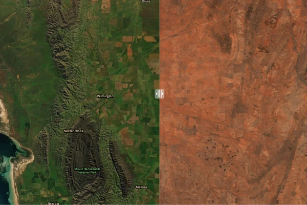 A snapshot of regular satellite imagery on the left and Sentinel-2 Barest Earth imagery on the right