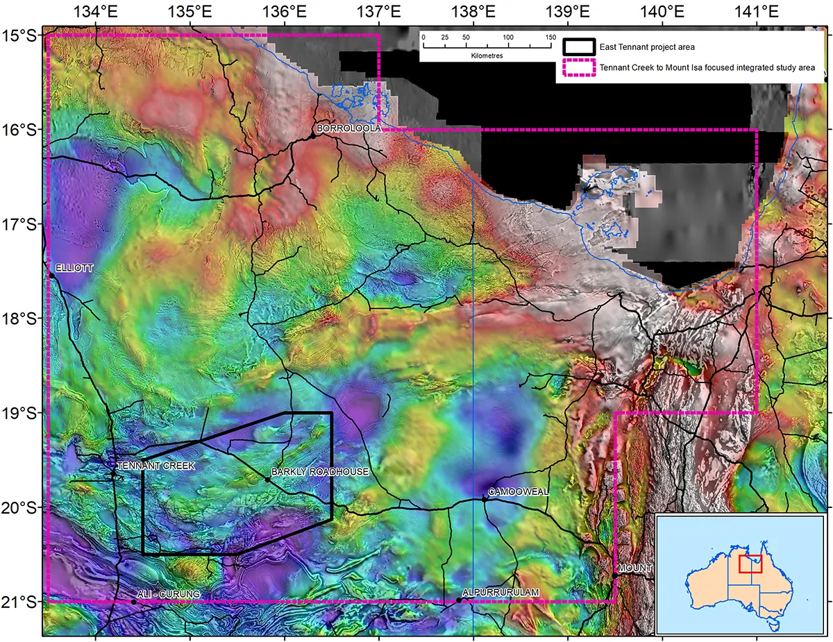 Location of the East Tennant project activity (black outline). Base layer is gravity coverage draped over the first vertical derivative magnetic coverage.