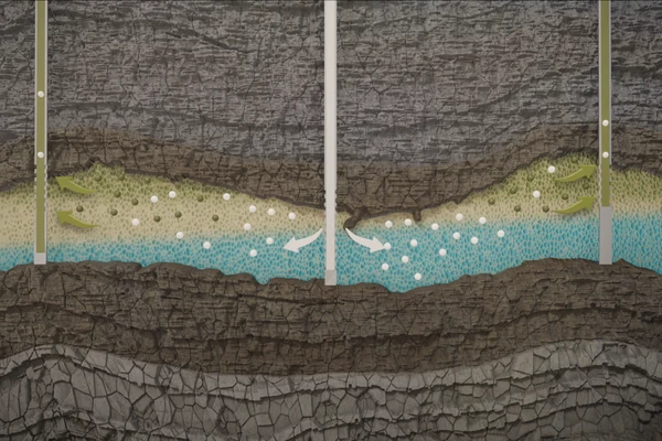 An illustration of the CO2-enhanced oil recovery process in a near-depleted oil field. CO2 (white dots) is injected into the oil field to help produce some of the remaining oil (green). Some CO2 is produced with the oil and recycled while the remaining CO2 is stored in the reservoir 