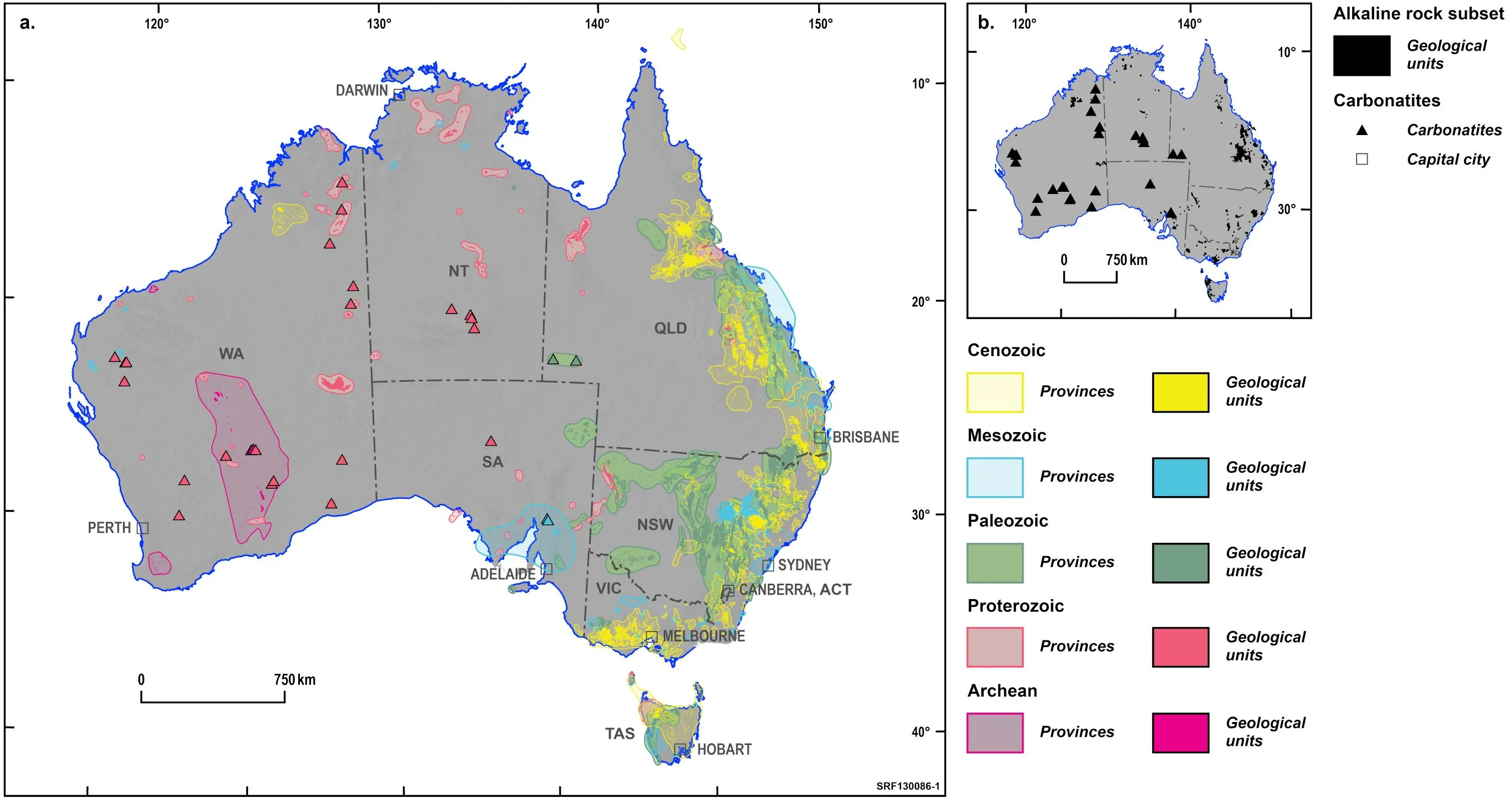 Map showing all layers of the Alkaline Rocks Atlas of Australia: Cenozoic, Mesozoic, Paleozoic, Proterozoic and Archean, color-coded based on the geological time scale. Location of masked carbonatites can be seen in the inset map