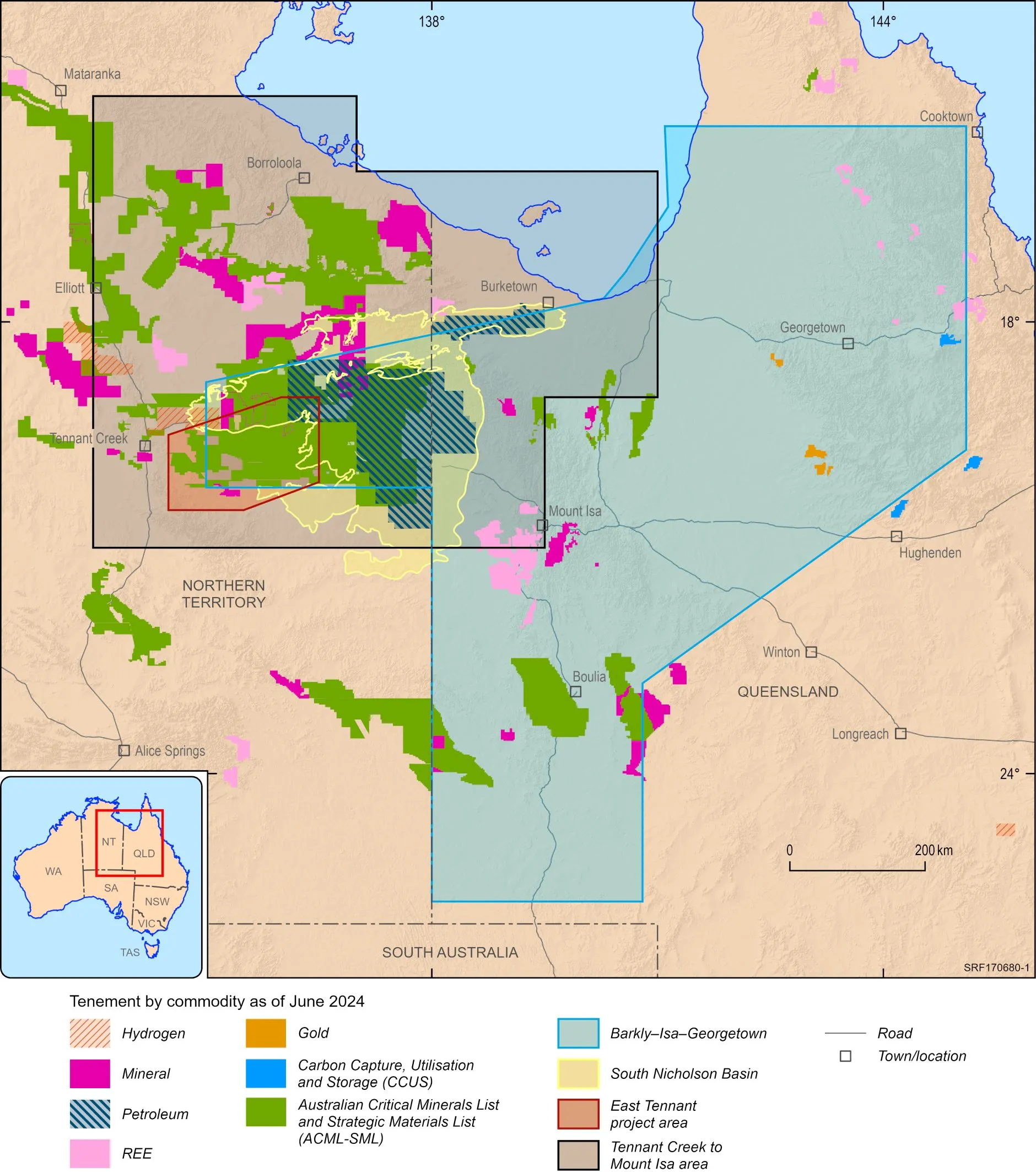  Tenement uptake by commodity across the Barkly-Isa-Georgetown project area, as of June 2024. ASX releases indicate positive results from exploration for copper, gold, lead, zinc and rare earth elements (REE)