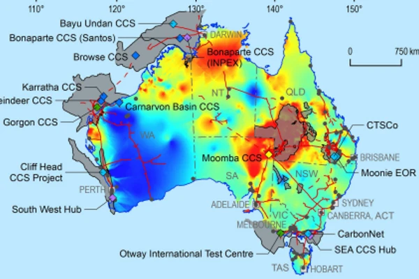 Australian CO2 storage projects by status, 2050 prospective CO2 storage basins, hydrogen project locations and gas pipelines