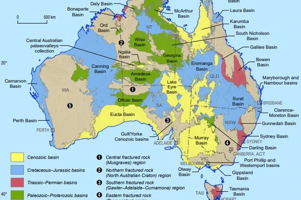 A map of 41 major hydrogeological regions of Australia 