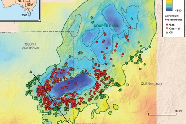 (a) Boundaries and depocentres of the Cooper Basin and (b) a cross-section through the southwestern region of the Cooper-Eromanga complex