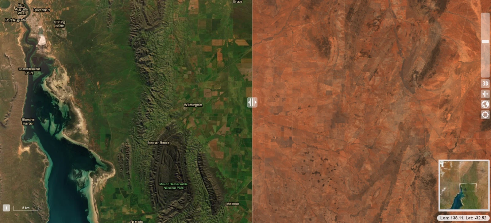 A snapshot of regular satellite imagery on the left and Sentinel-2 Barest Earth imagery on the right