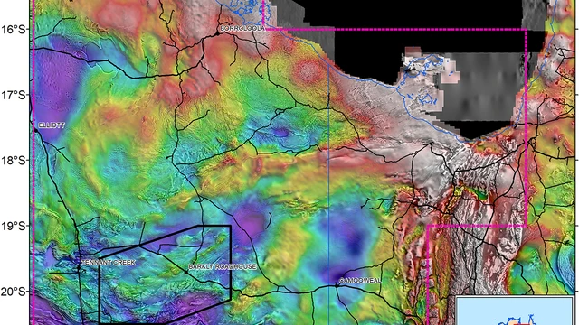Location of the East Tennant project activity (black outline). Base layer is gravity coverage draped over the first vertical derivative magnetic coverage.