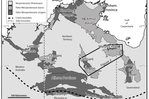 Simplified map of northern Australia, showing the main areas of outcropping Paleo-Mesoproterozoic orogens that characterise the North Australia Craton