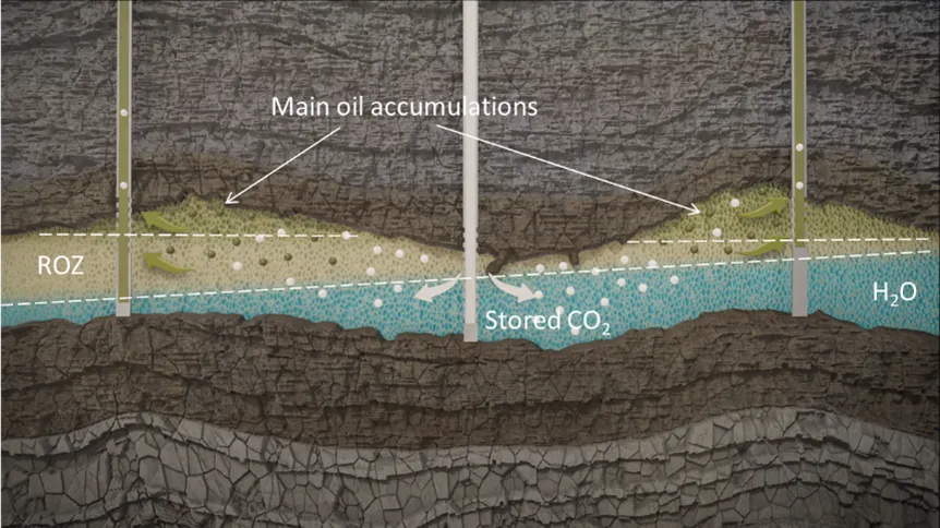 Figure 1: An illustration of the CO2-enhanced oil recovery process in a near-depleted oil field. CO2 (white dots) is injected into the oil field to help produce some of the remaining oil (green). Some CO2 is produced with the oil and recycled while the remaining CO2 is stored in the reservoir 
