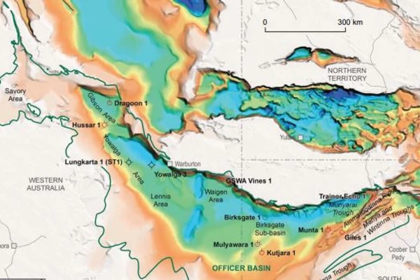 Major tectonic sub-divisions, wells and hydrocarbon shows in the Officer Basin, superimposed on OZ Seebase 2021