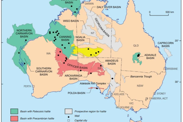 Australian basins with major halite discoveries (thickness .100 m)